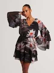 Ted Baker Black Ruffled Long Sleeve Printed Mini Dress - Image 5 of 7