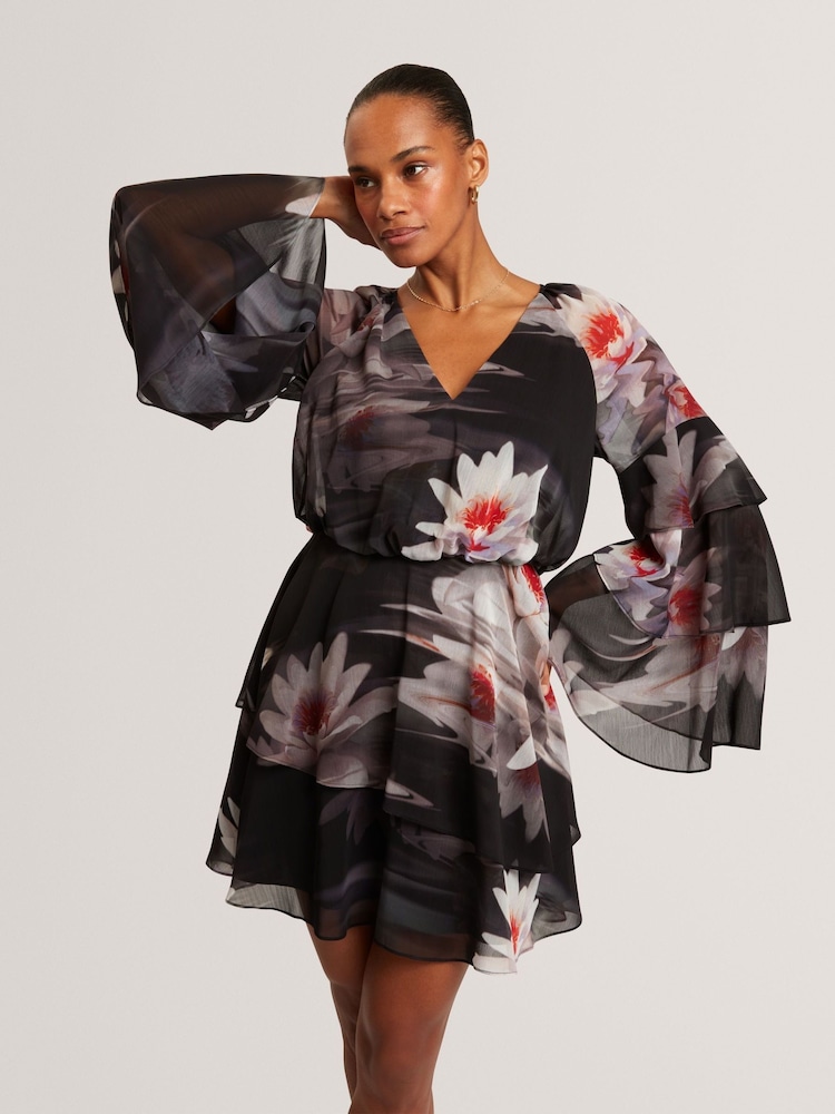 ted baker ruffle dress black Ted Baker Black Hazzie Ruffle Maxi Dress With Metal Ball Trim
