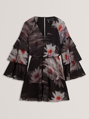 Ted Baker Black Ruffled Long Sleeve Printed Mini Dress - Image 6 of 7