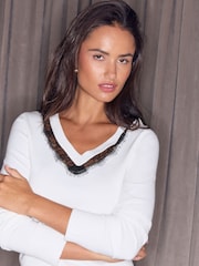 Lipsy Cream Black Lace Lace Insert Knitted Jumper - Image 1 of 5