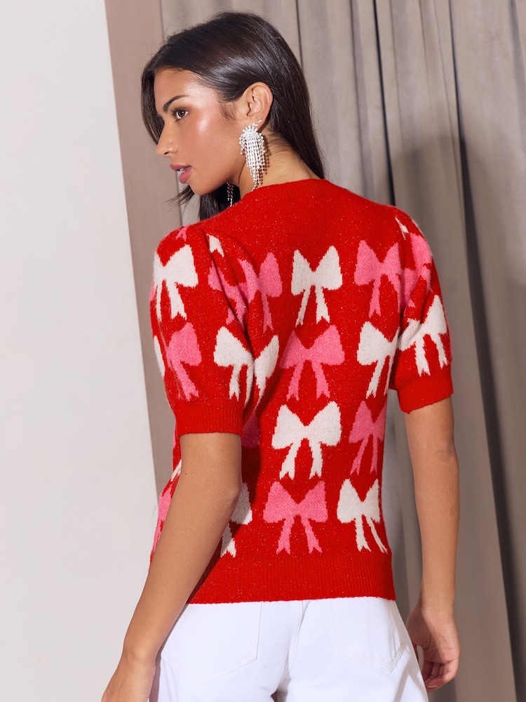 Lipsy Red Pink and White Short Sleeve Knitted Bow Jumper - Image 5 of 5 Lipsy Red Pink and White Short Sleeve Knitted Bow Jumper - Image 5 of 5
