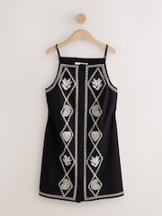 Black/Natural Embroidered Mini Shift Dress With Linen - Image 1 of 3
