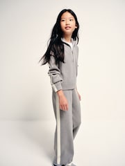 The Set Knitted Long Sleeve Quarter Zip Top and Wide Leg Joggers Co-Ord Set Grey/Cream - Image 1 of 6