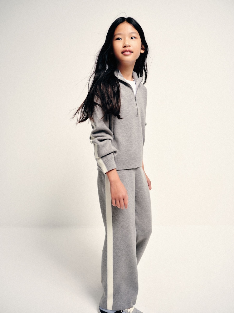 The Set Knitted Long Sleeve Quarter Zip Top and Wide Leg Joggers Co-Ord Set Grey/Cream - Image 1 of 6 The Set Knitted Long Sleeve Quarter Zip Top and Wide Leg Joggers Co-Ord Set Grey/Cream - Image 1 of 6