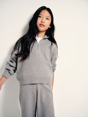 The Set Knitted Long Sleeve Quarter Zip Top and Wide Leg Joggers Co-Ord Set Grey/Cream - Image 3 of 6