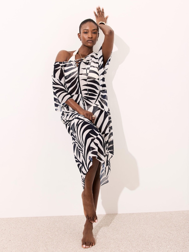 Mint Velvet Blue Leaf Print Beach Kaftan - Image 1 of 8 Mint Velvet Blue Leaf Print Beach Kaftan - Image 1 of 8