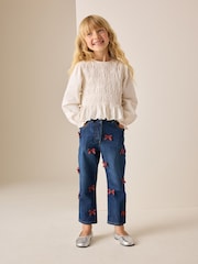 Denim/ Red Tartan Bows Mom Jeans (3-16yrs) - Image 1 of 2
