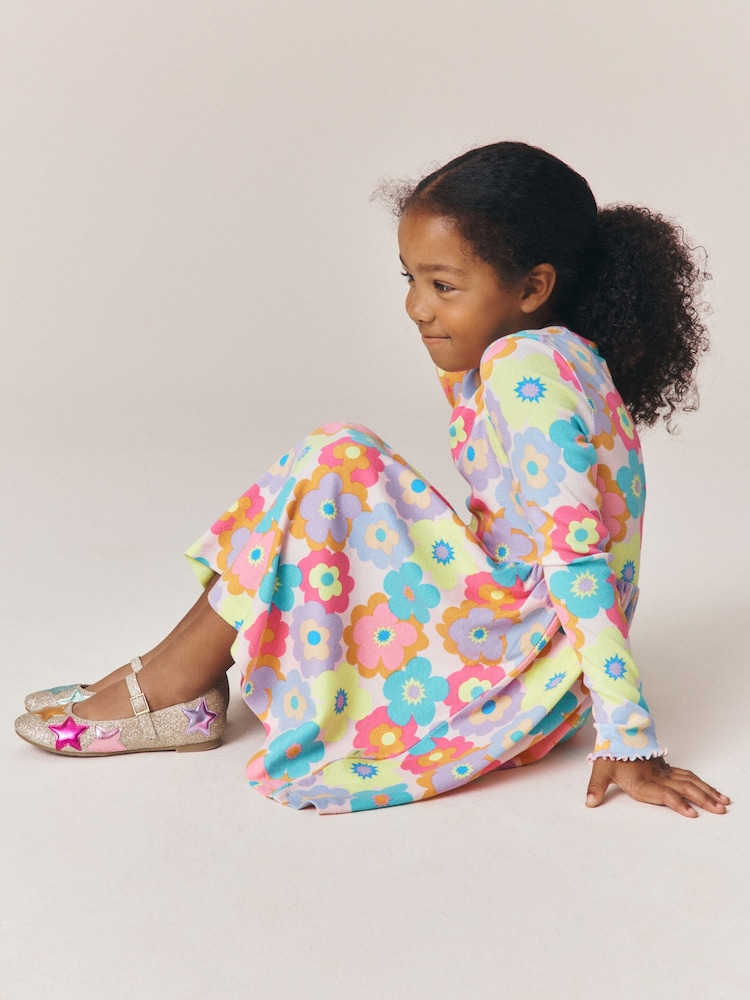 Little Bird by Jools Oliver Pink Rainbow Floral Ribbed Jersey Dress - Image 2 of 8