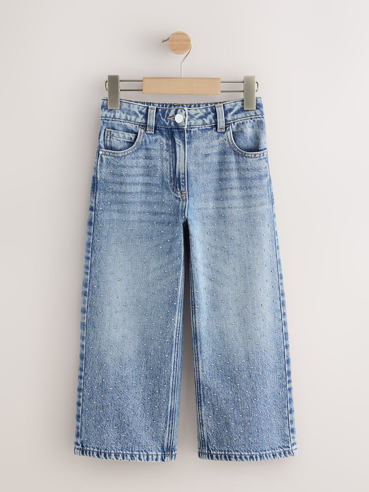Denim/Silver Stud Scatter Wide Leg Jeans (3-16yrs) - Image 1 of 4 Denim/Silver Stud Scatter Wide Leg Jeans (3-16yrs) - Image 1 of 4