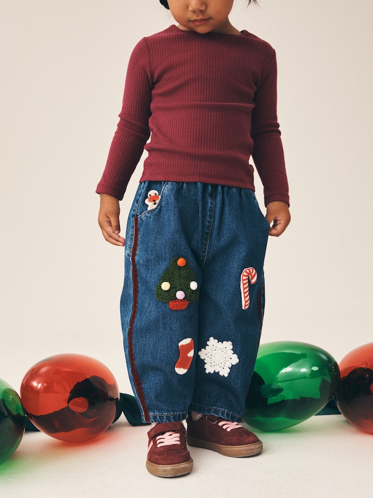 Christmas Embroidered Barrel Jeans (3mths-7yrs) - Image 1 of 5 Christmas Embroidered Barrel Jeans (3mths-7yrs) - Image 1 of 5