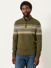 FatFace Selkirk Khaki Green Pattern Quarter Zip Knitted Jumper - Image 1 of 7