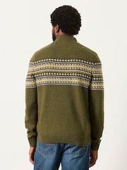 FatFace Selkirk Khaki Green Pattern Quarter Zip Knitted Jumper - Image 2 of 7