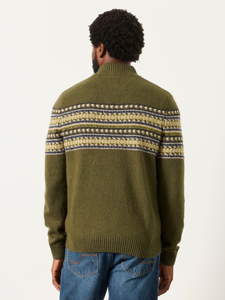 FatFace Selkirk Khaki Green Pattern Quarter Zip Knitted Jumper - Image 2 of 7 FatFace Selkirk Khaki Green Pattern Quarter Zip Knitted Jumper - Image 2 of 7