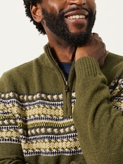 FatFace Selkirk Khaki Green Pattern Quarter Zip Knitted Jumper - Image 3 of 7