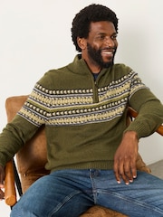 FatFace Selkirk Khaki Green Pattern Quarter Zip Knitted Jumper - Image 5 of 7