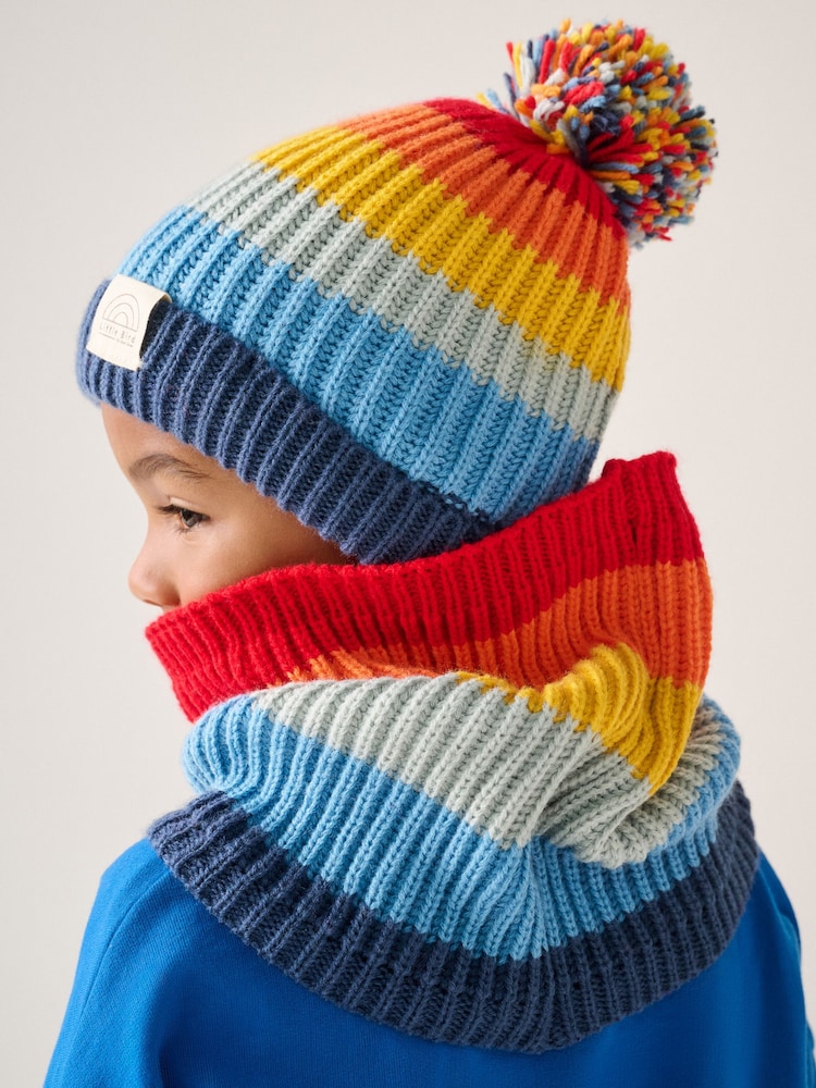 Little Bird by Jools Oliver Multi Rainbow Stripe Knitted Hat With Mittens/Gloves and Snood Set - Image 1 of 5