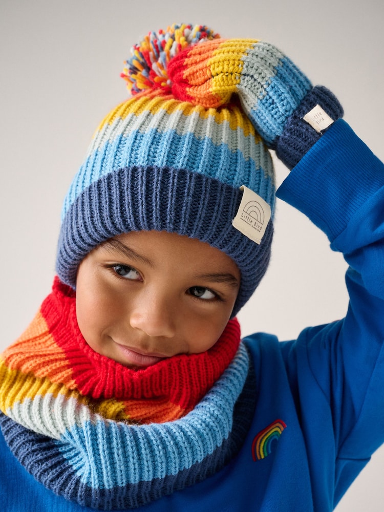 Little Bird by Jools Oliver Multi Rainbow Stripe Knitted Hat With Mittens/Gloves and Snood Set - Image 2 of 5