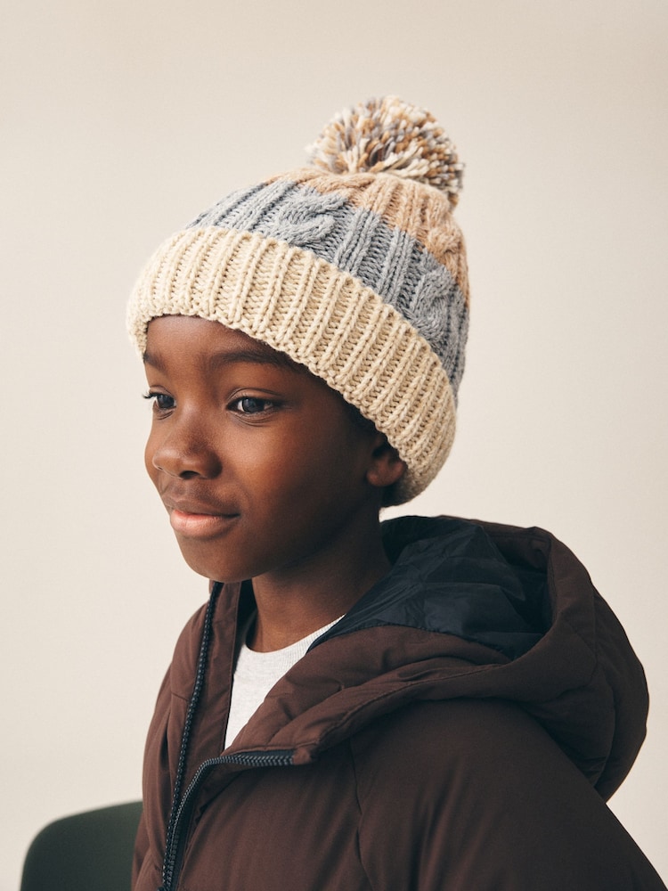Stone Stripe Knitted Pom Beanie (1-16yrs) - Image 1 of 5 Stone Stripe Knitted Pom Beanie (1-16yrs) - Image 1 of 5