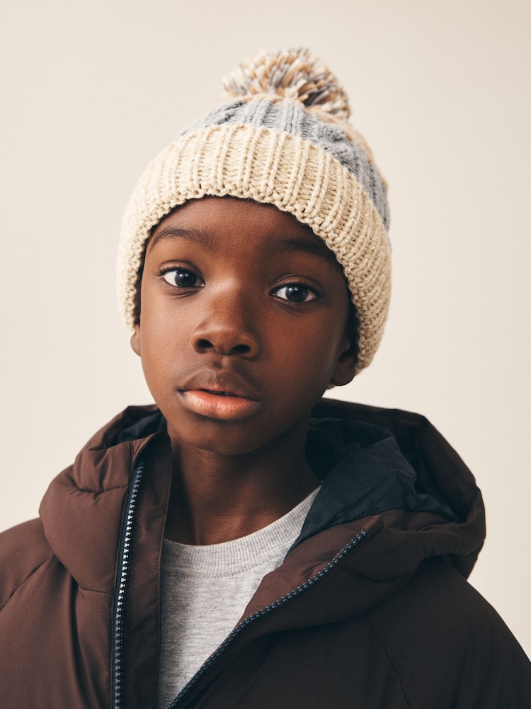 Stone Stripe Knitted Pom Beanie (1-16yrs) - Image 2 of 5 Stone Stripe Knitted Pom Beanie (1-16yrs) - Image 2 of 5