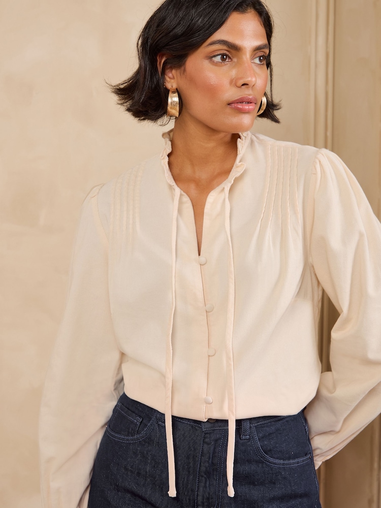 Love & Roses Ecru White Long Sleeve Pintuck Cord Top - Image 1 of 5