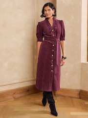 אדום בורגנדי - Love & Roses Cord Scallop Detail Midi Dress - תמונה 1 מתוך 4