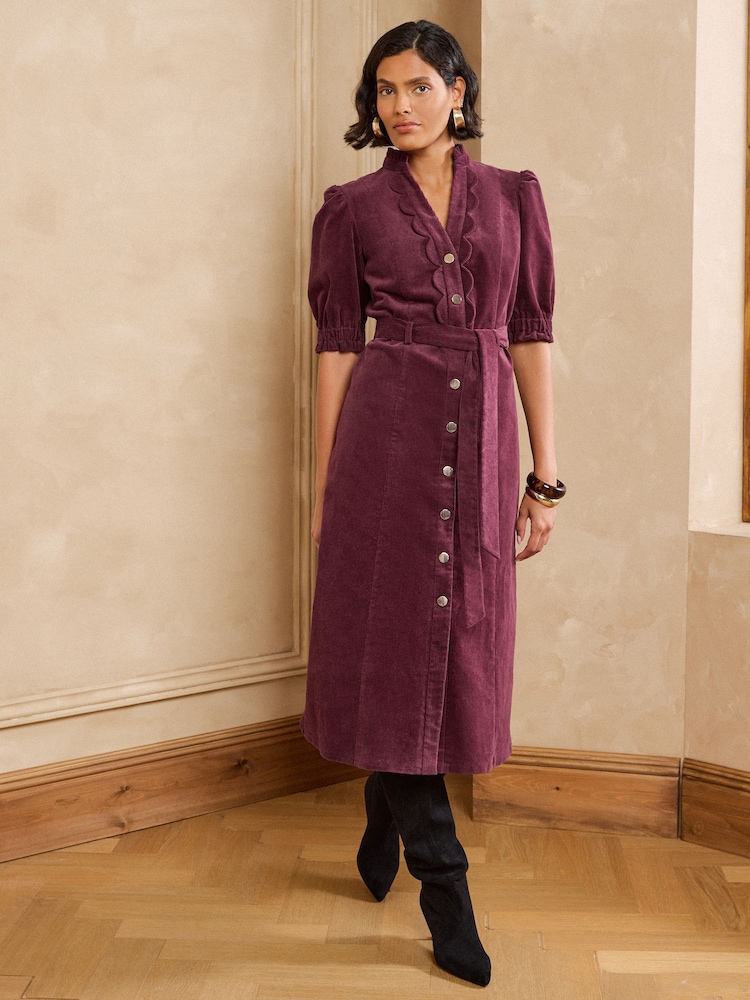אדום בורגנדי - Love & Roses Cord Scallop Detail Midi Dress - תמונה 1 מתוך 4