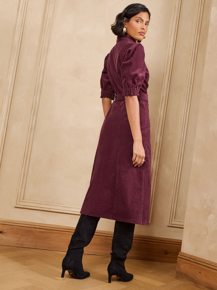 אדום בורגנדי - Love & Roses Cord Scallop Detail Midi Dress - תמונה 4 מתוך 4