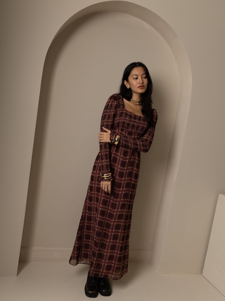 Amy Lynn Purple Noor Smocked Checkered Long Sleeve Column Dress - Image 1 of 11
