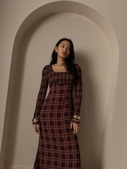 Amy Lynn Purple Noor Smocked Checkered Long Sleeve Column Dress - Image 2 of 11