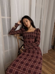 Amy Lynn Purple Noor Smocked Checkered Long Sleeve Column Dress - Image 4 of 11