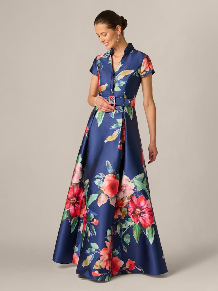Adrianna Papell Blue Floral Mikado Gown - Image 1 of 6 Adrianna Papell Blue Floral Mikado Gown - Image 1 of 6