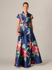 Adrianna Papell Blue Floral Mikado Gown - Image 3 of 6