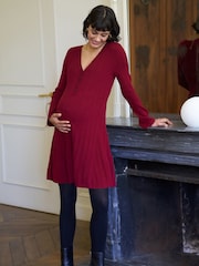 Seraphine Burgundy Red Premium V-Neck Maternity Knit Mini Dress - Image 1 of 7