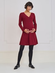 Seraphine Burgundy Red Premium V-Neck Maternity Knit Mini Dress - Image 4 of 7
