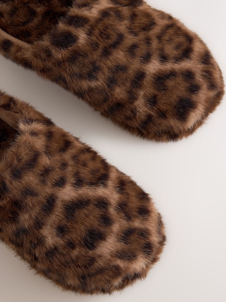 Animal/Brown Faux Fur Mule Slippers - Image 8 of 8