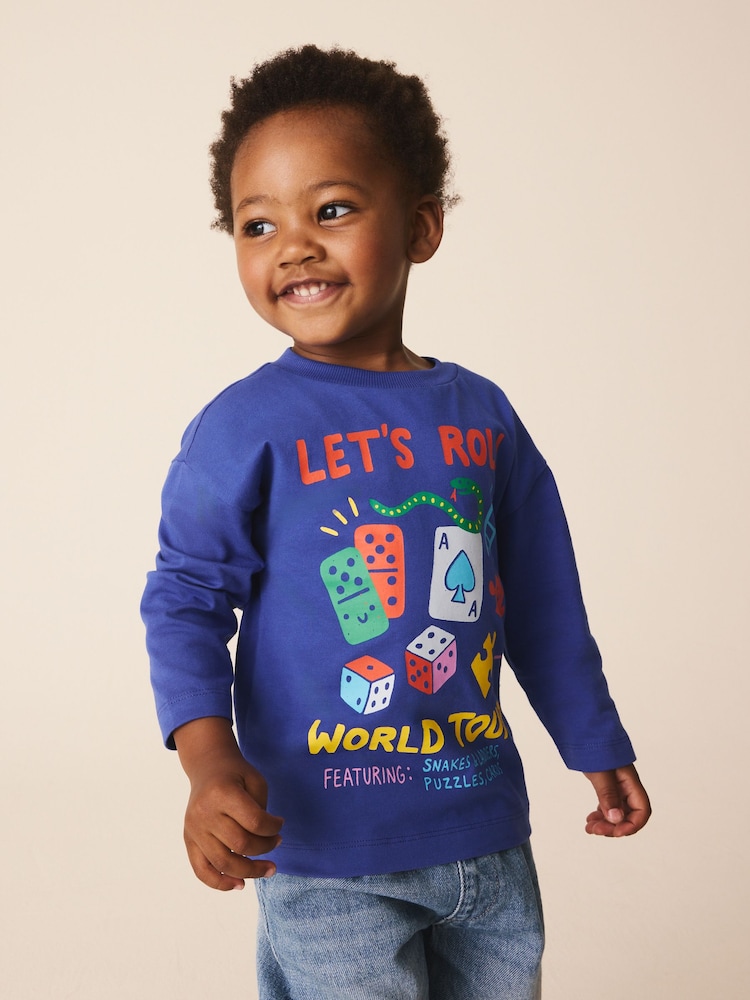 Cobalt Blue Let's Roll Games Long Sleeve Back Graphic T-Shirt (3mths-10yrs) - Image 1 of 5 Cobalt Blue Let's Roll Games Long Sleeve Back Graphic T-Shirt (3mths-10yrs) - Image 1 of 5