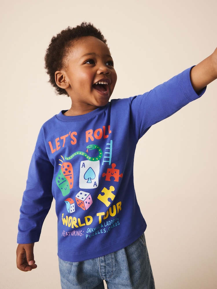 Cobalt Blue Let's Roll Games Long Sleeve Back Graphic T-Shirt (3mths-10yrs) - Image 2 of 5 Cobalt Blue Let's Roll Games Long Sleeve Back Graphic T-Shirt (3mths-10yrs) - Image 2 of 5