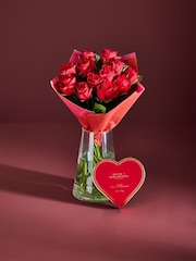 Red Valentines 12 Roses and Chocolates Fresh Flower Bouquet Gift Set - Image 1 of 6