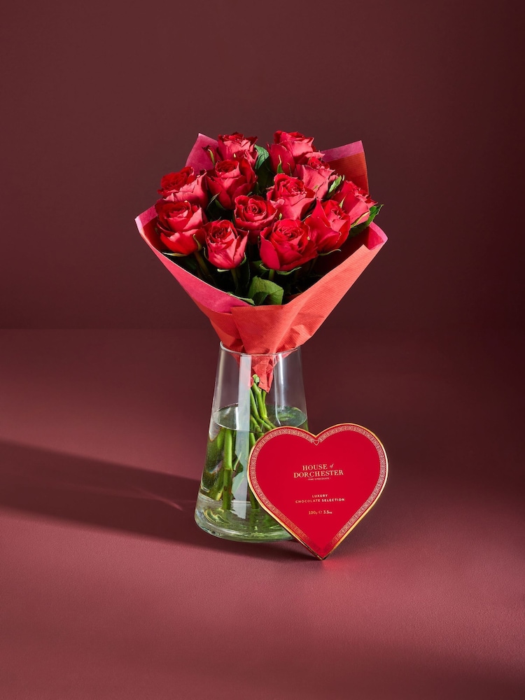 Red Valentines 12 Roses and Chocolates Fresh Flower Bouquet Gift Set - Image 1 of 6