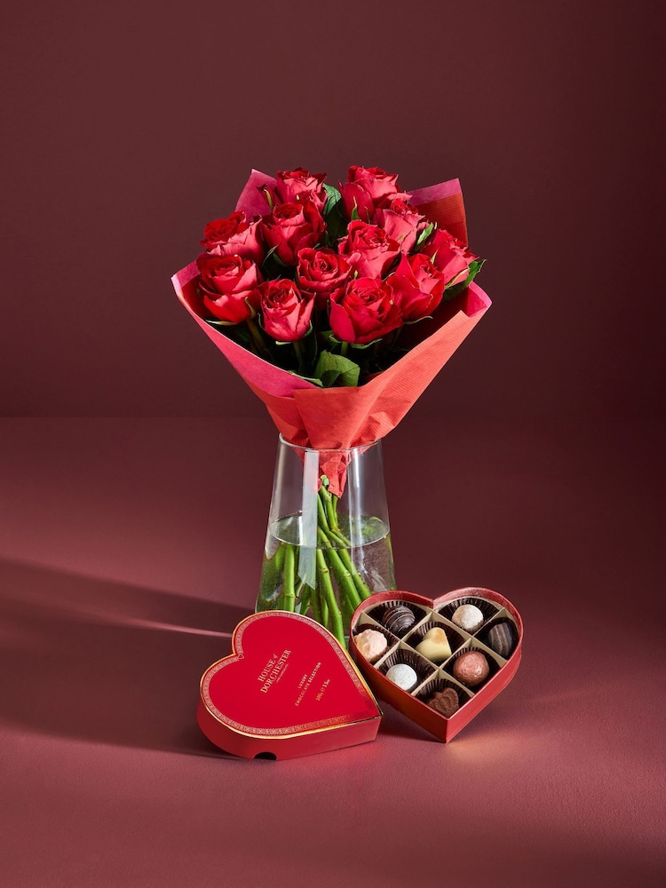 Red Valentines 12 Roses and Chocolates Fresh Flower Bouquet Gift Set - Image 2 of 6