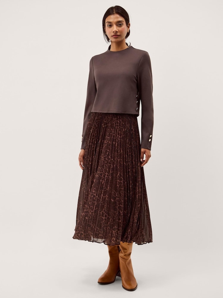 Monsoon Brown Archi Leopard Print Pleated Midi Dress - Image 1 of 5 Monsoon Brown Archi Leopard Print Pleated Midi Dress - Image 1 of 5
