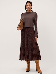 Monsoon Brown Archi Leopard Print Pleated Midi Dress - Image 4 of 5
