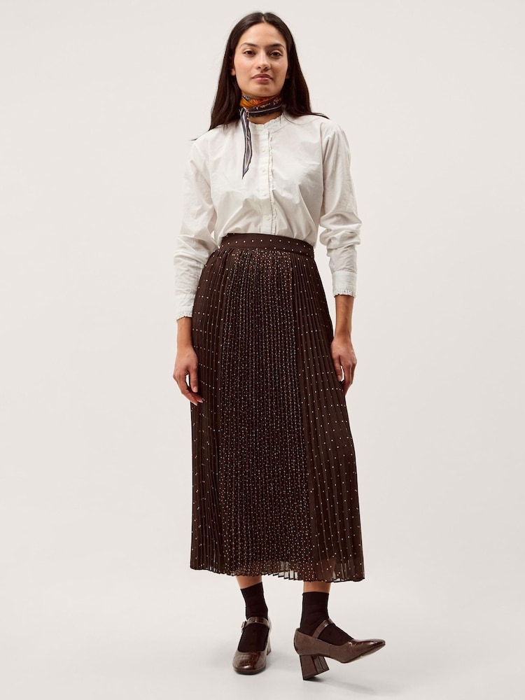 Monsoon Brown Demi Polka Dot Pleated Midi Skirt - Image 1 of 5