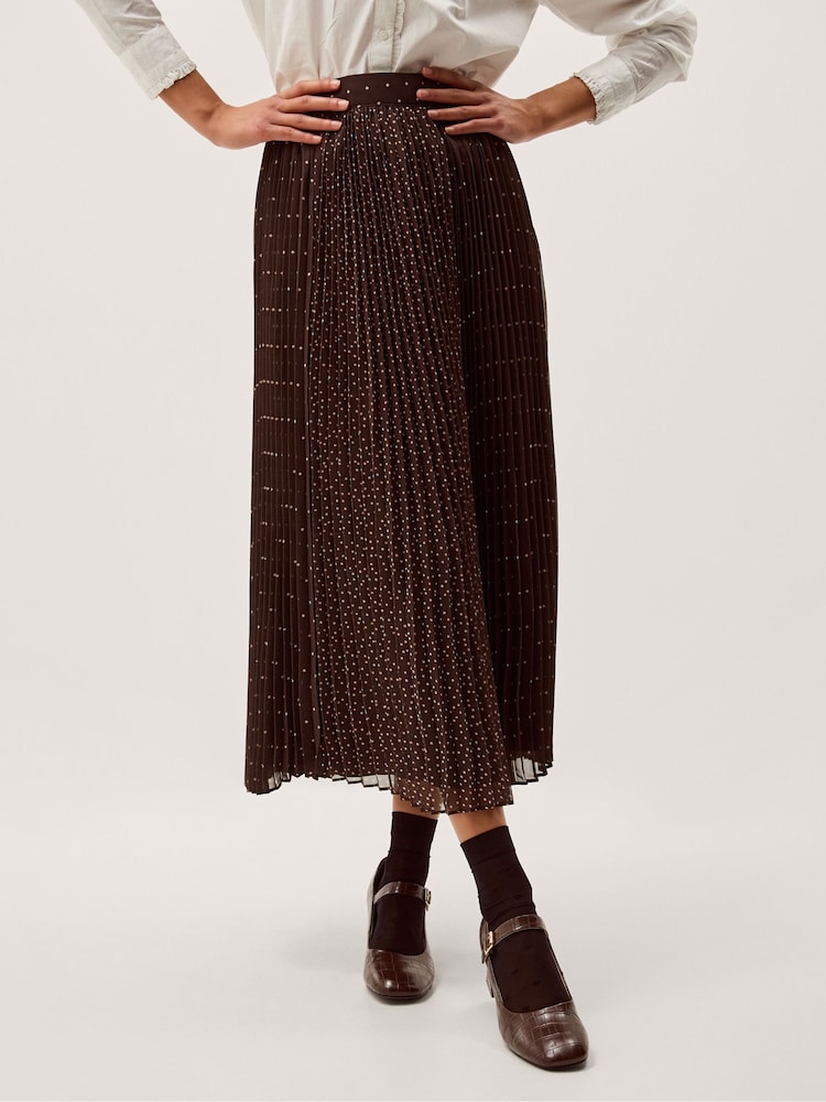 Monsoon Brown Demi Polka Dot Pleated Midi Skirt - Image 2 of 5
