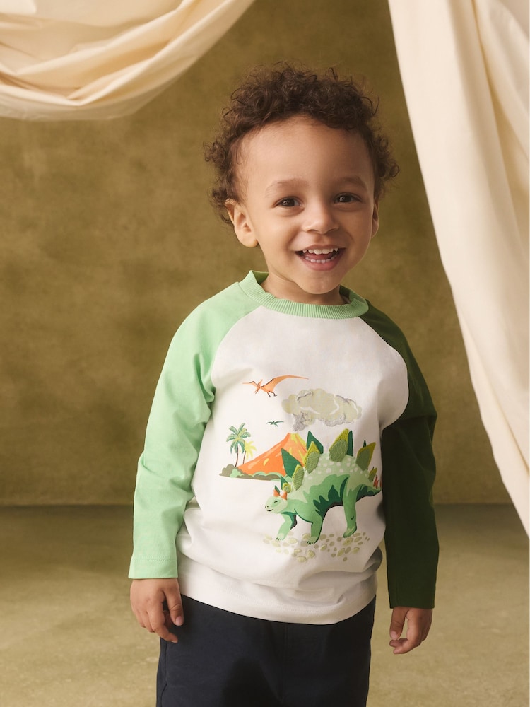 Cath Kidston White/Green Raglan Dinosaur Embroidered Cath Kidston Long Sleeve T-Shirt (3mths-7yrs) - Image 1 of 9