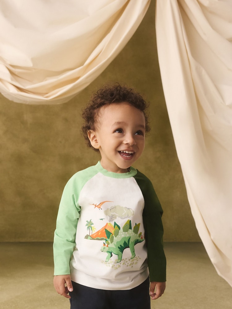 Cath Kidston White/Green Raglan Dinosaur Embroidered Cath Kidston Long Sleeve T-Shirt (3mths-7yrs) - Image 2 of 9