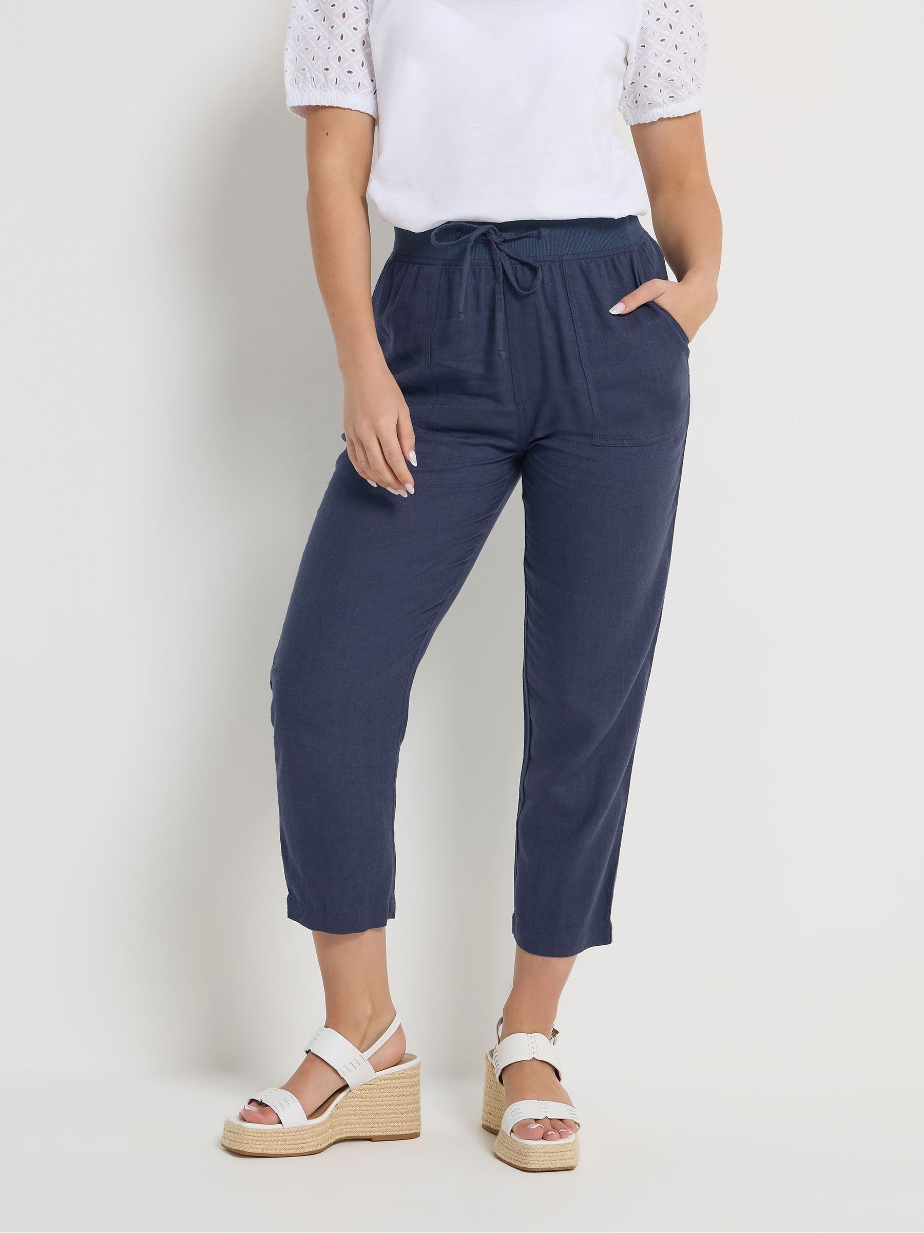M & Co Women's Navy Blue Linen Blend Cropped Trousers