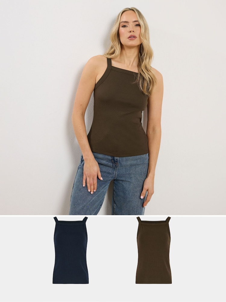 Long Tall Sally Brown High Neck Ribbed Vest Tops 2 Pack - Image 1 of 8