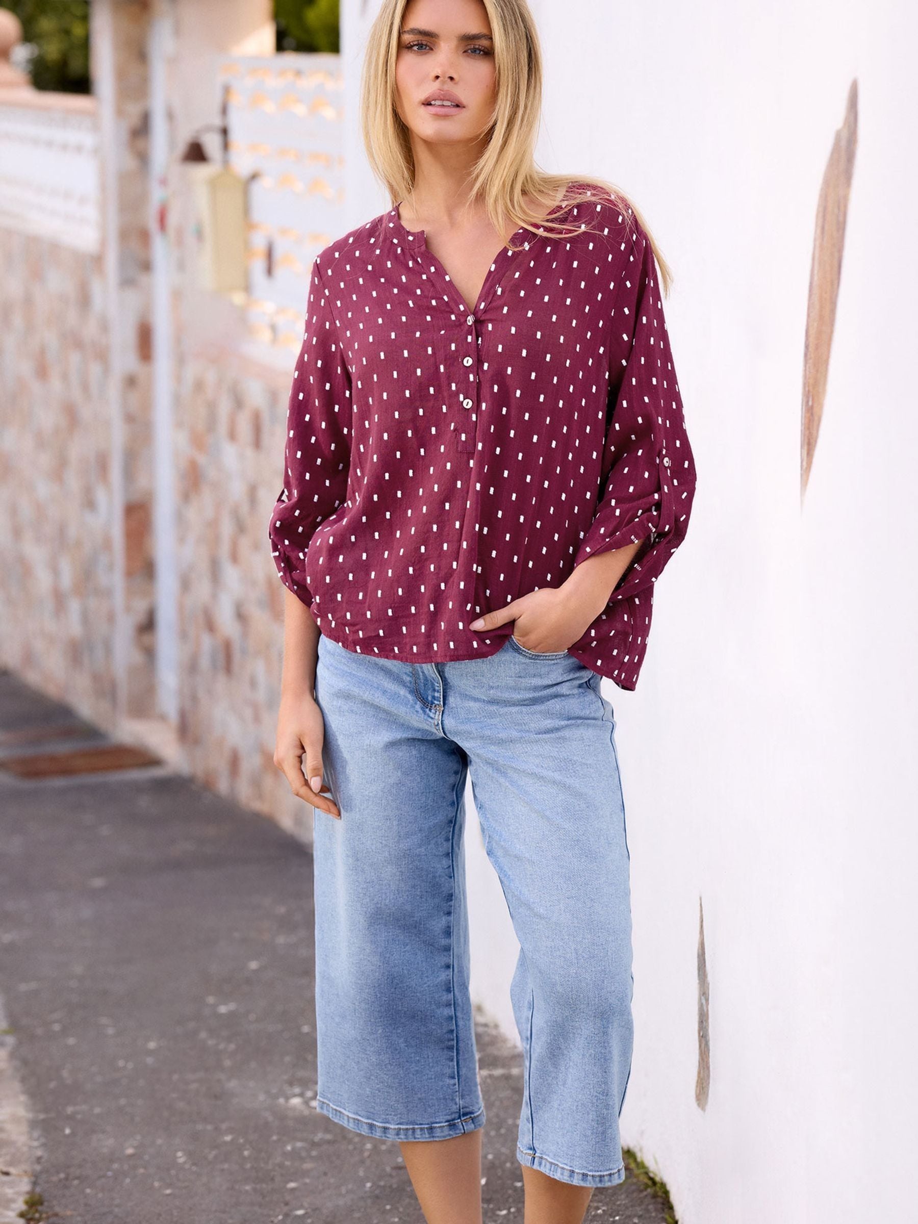 M & Co Women's Purple Petite Notch Neck Long Sleeve Dobby Shirt