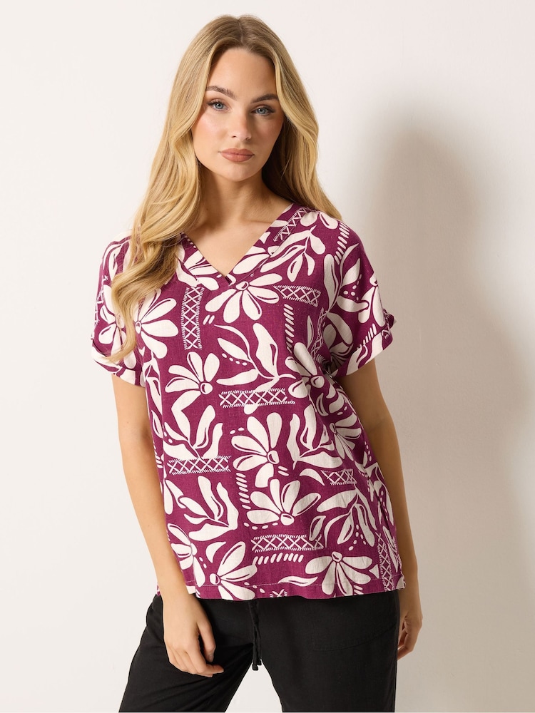 M&Co Purple Floral Print Linen Blend Top - Image 1 of 4